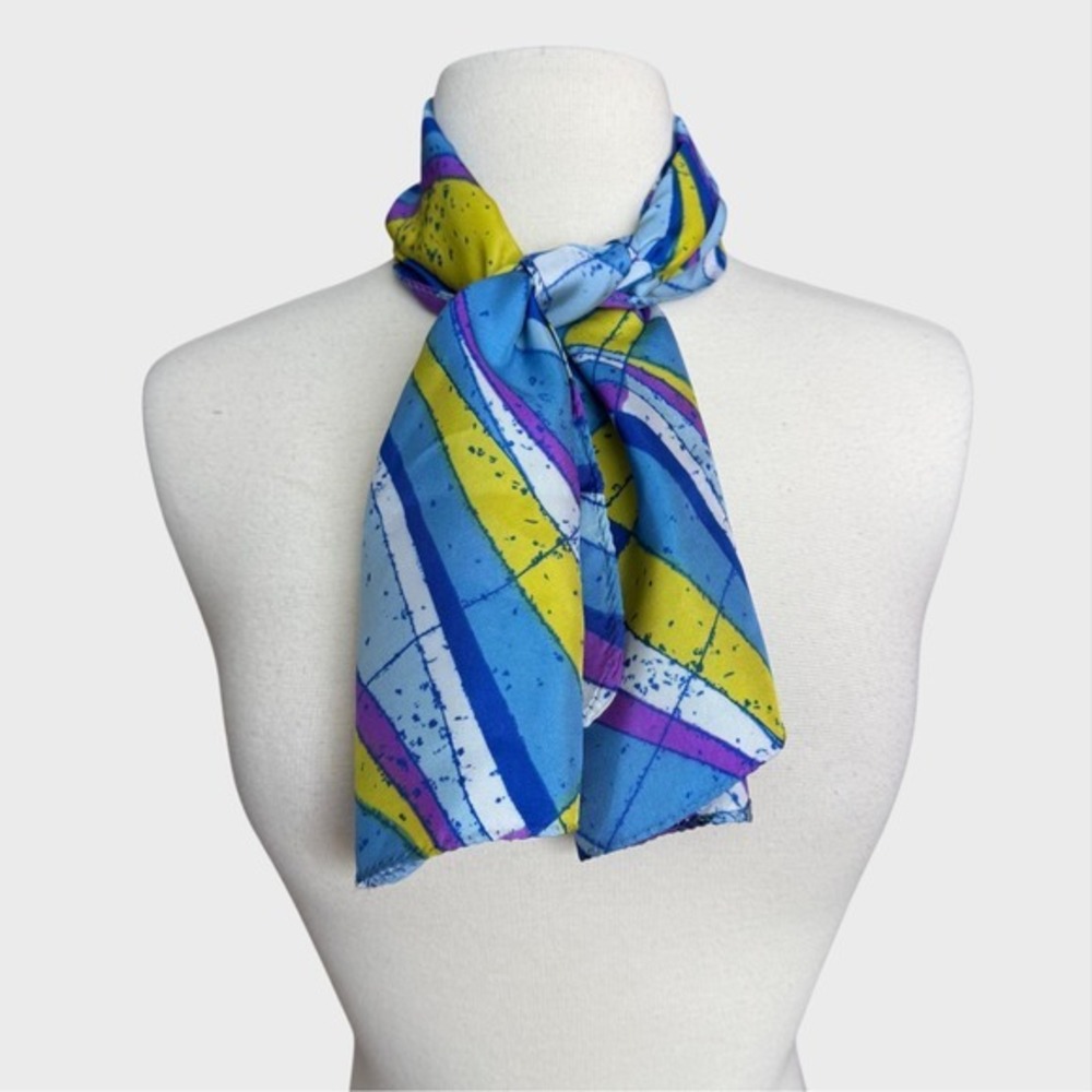 Vintage 80's Abstract short neckerchief neck scarf blue, yellow, white purple